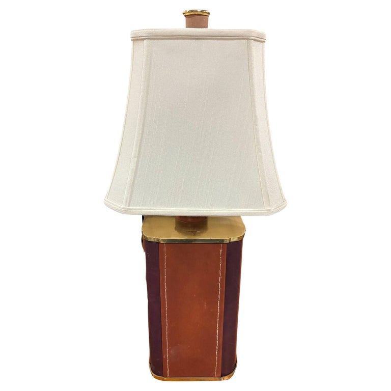 Two-Toned Square Leather Wrapped Table Lamp with Gold Trim