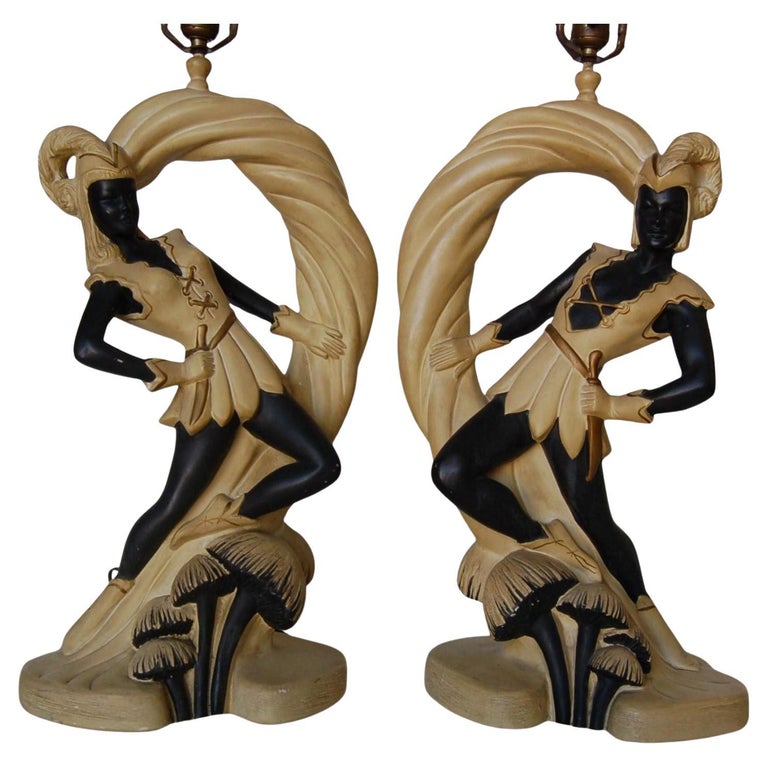 Saxon Crusader Robin Hood Chalkware Sculpture Continental Table Lamp, Pair