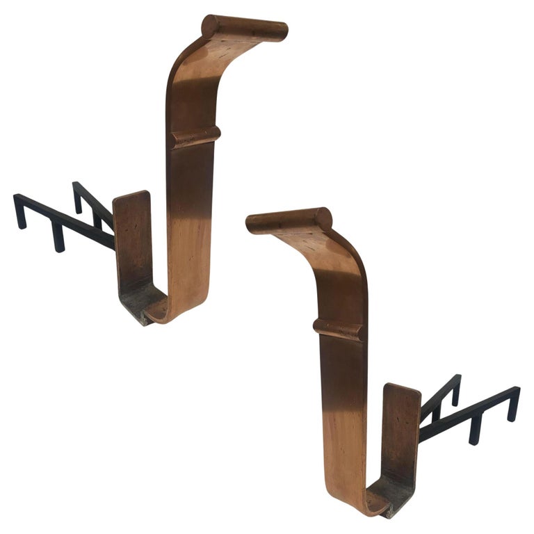 High Style Art Deco Modernist Copper and Iron Firedogs / Andirons , Pair