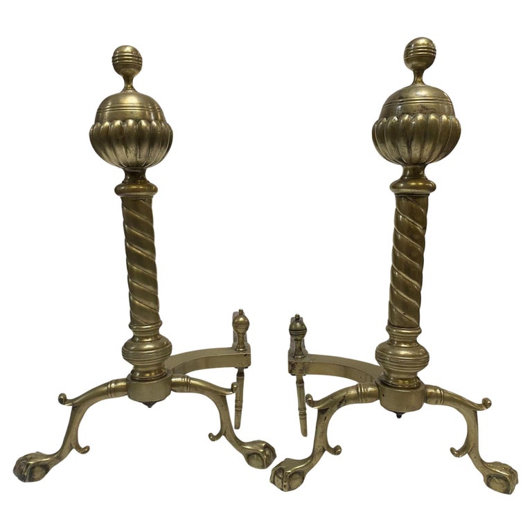 Pair of Brass Belted Ball-top and Spiral Turned Clawfoot Andirons