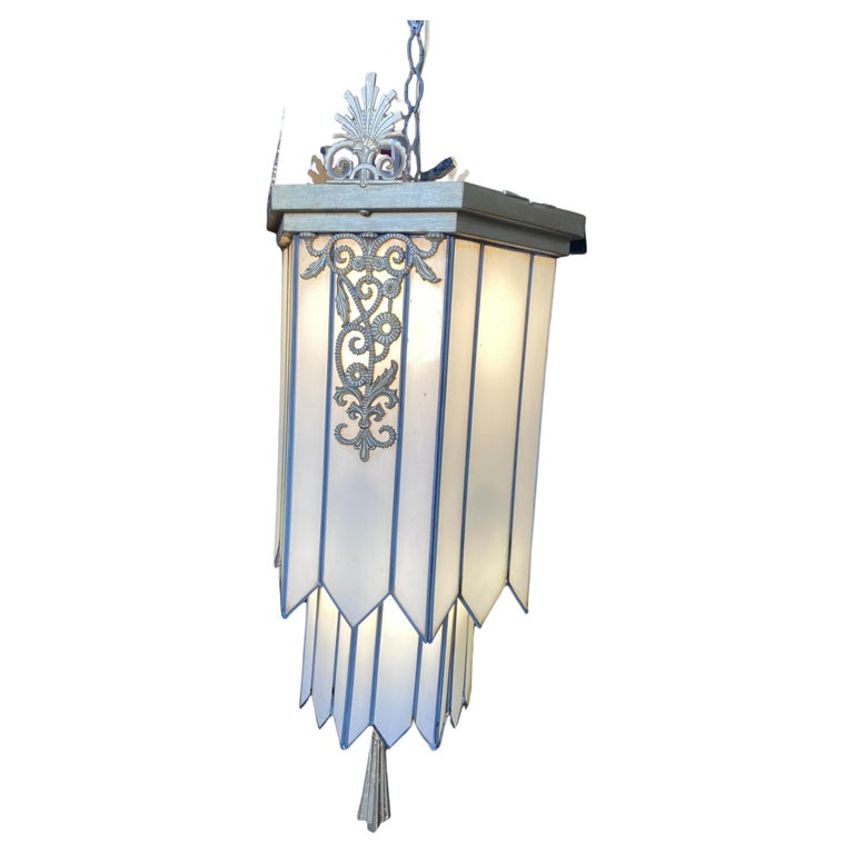 Large Geometric Art Deco Leaded Glass Chandelier w/ Scrolling Top, Available 4