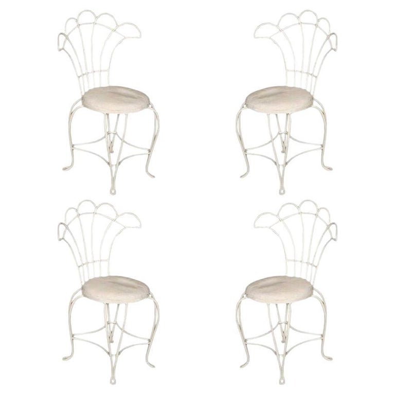 Mathieu Mategot Inspired French Wrought Iron Fan Back Patio Chairs, Set of Four