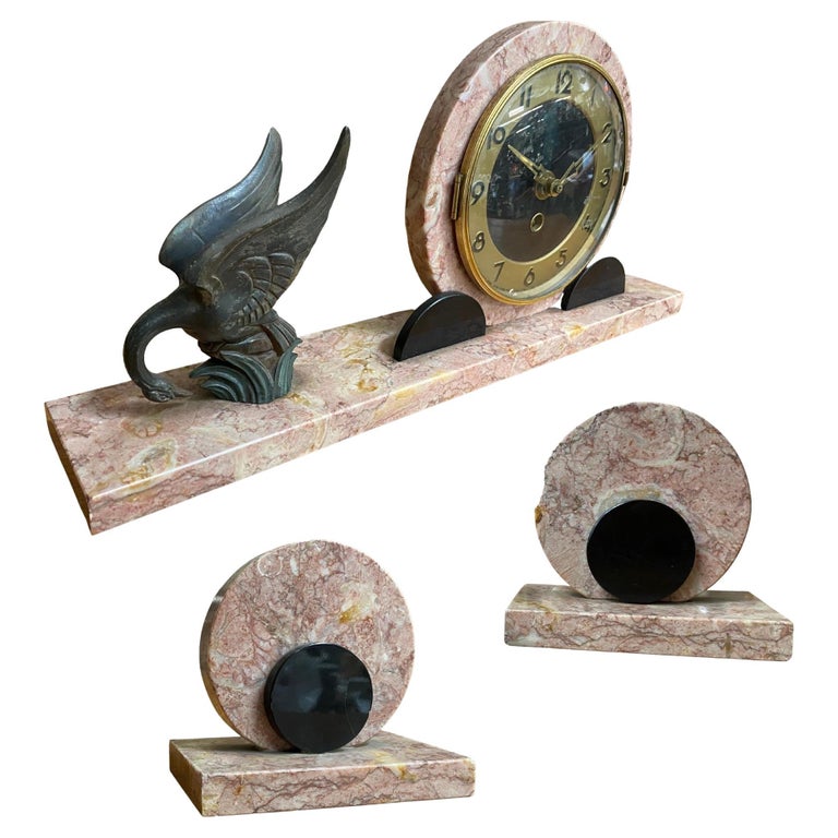 French Art Deco UCRA Bronze Swan Marble Mantle Garniture Clock Set by Marefbay