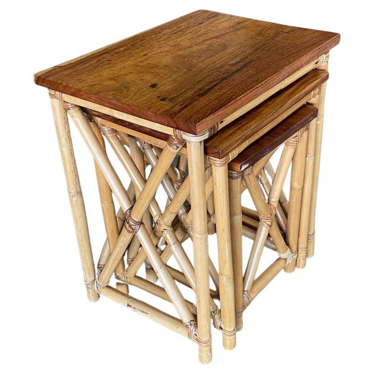 Restored Set of 3 Rattan Nesting X Side Tables with Mahogany Top