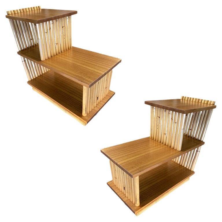Restored Mid-Century Vertically Stacked Geometric Rattan Side Table, Mahogany