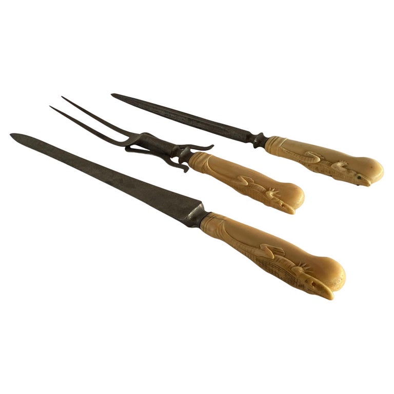 19th Century Hand-Carved Bone Alligator Handled Culinary Carving Set