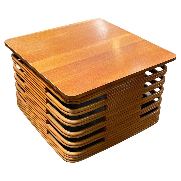Restored Tall Stacked Rattan Coffee Table with Mahogany Top