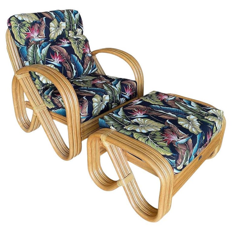 Restored 3/4 3-Strand Round Pretzel Rattan Lounge Chair w/ Ottoman, 2 Available