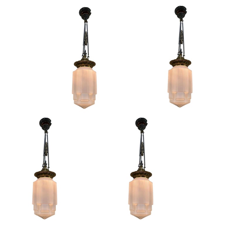 Art Deco Bronze Electric Ceiling Pendant with Stepped Glass Globe