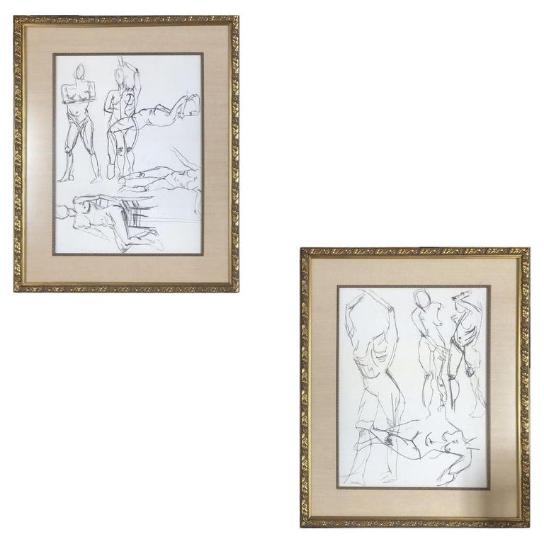Nude Female Figural Pencil on Paper Drawlings in Gold Tone Frame, Pair