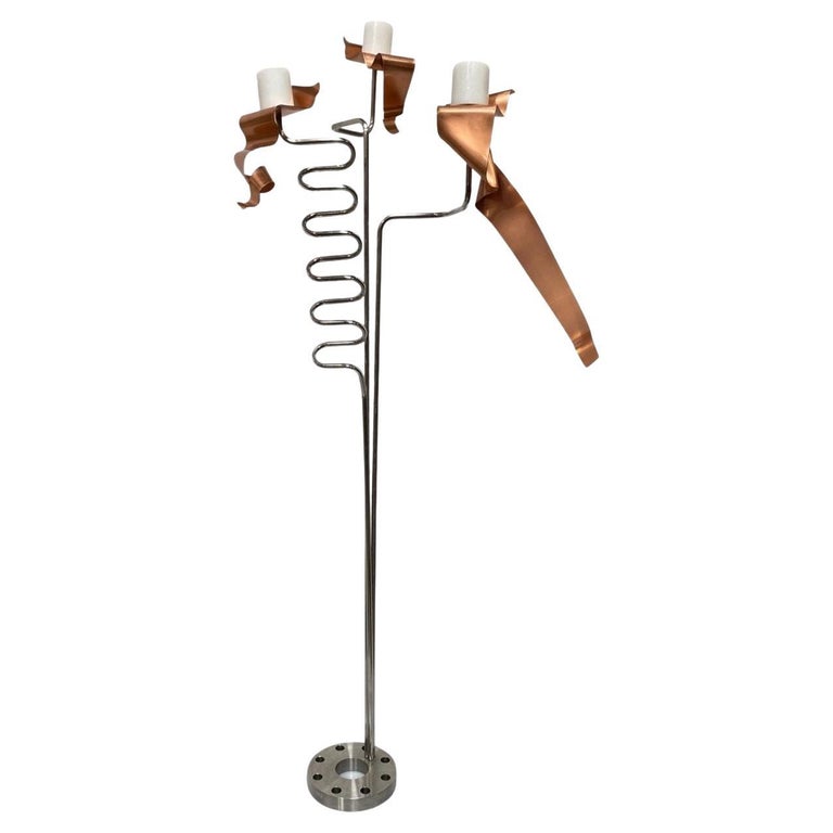 Machine Chrome & Copper 3 Arm Artist Signed Abstract Sculptural Candelabra