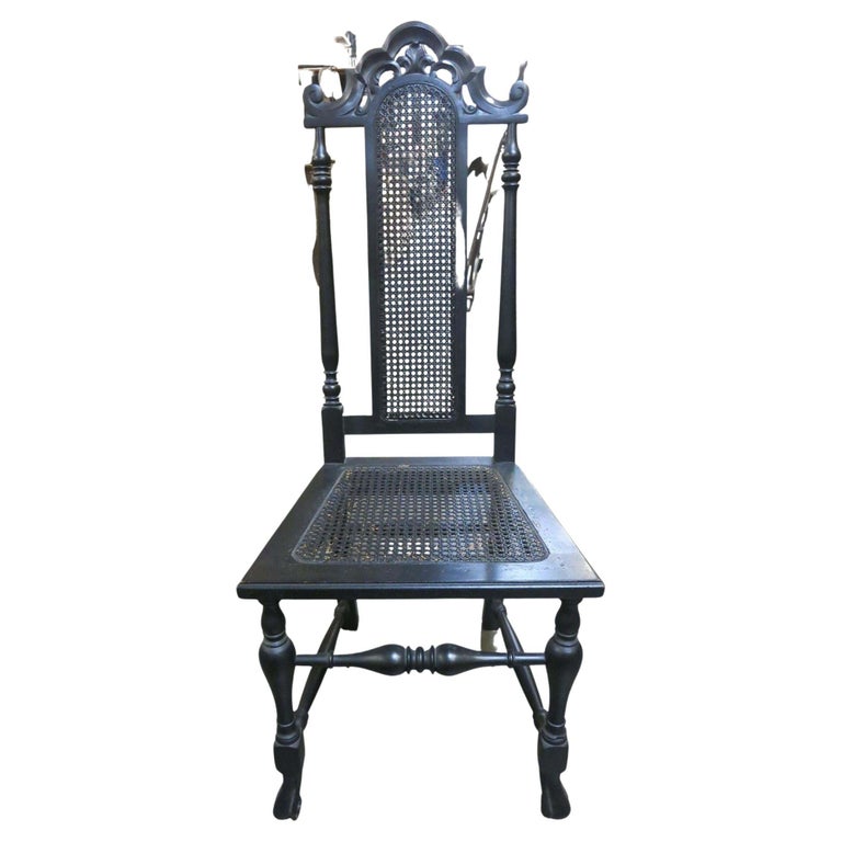 Hand Carved Black Stained Oak Gothic Revival Side Chair w/ Wicker Seat