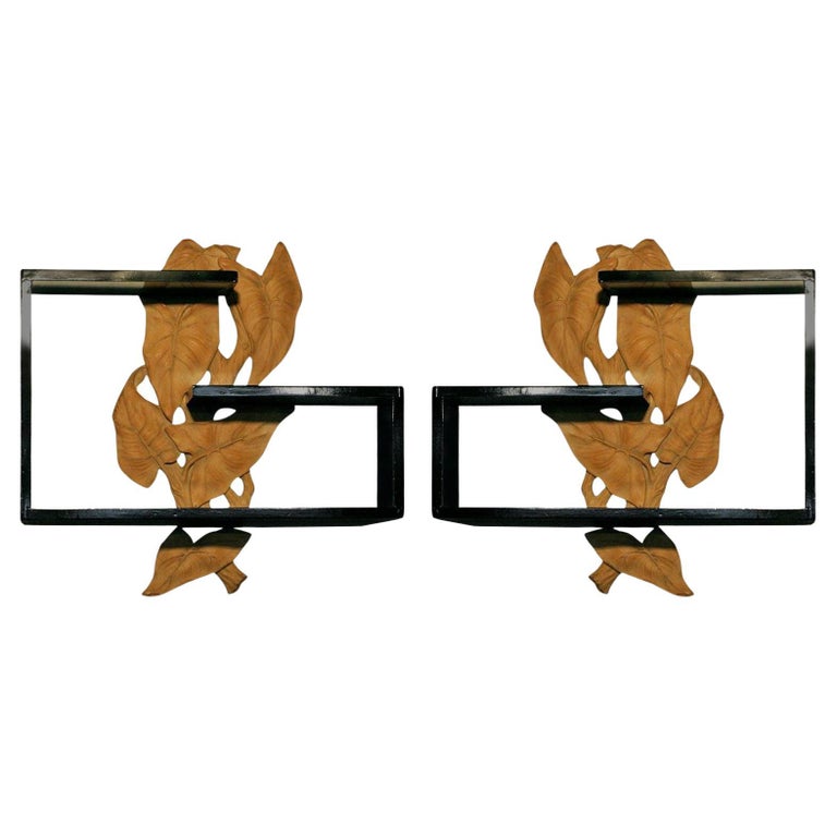 Midcentury Wall Shelf with Hand Carved Leaf Pattern, Pair
