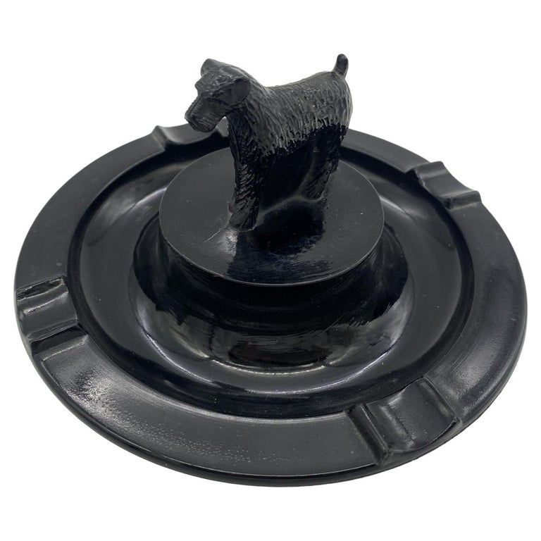 Greenburg Black Art Deco Black Glass Terrier Ashtray