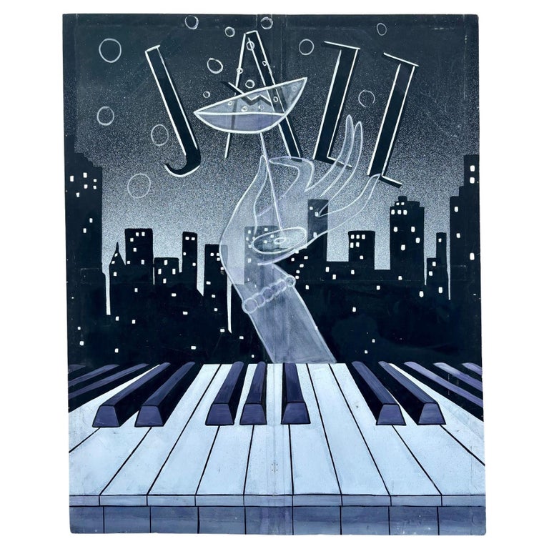 12' Foot Hand Painted Jazz Cityscape Oil on Canvas Screen