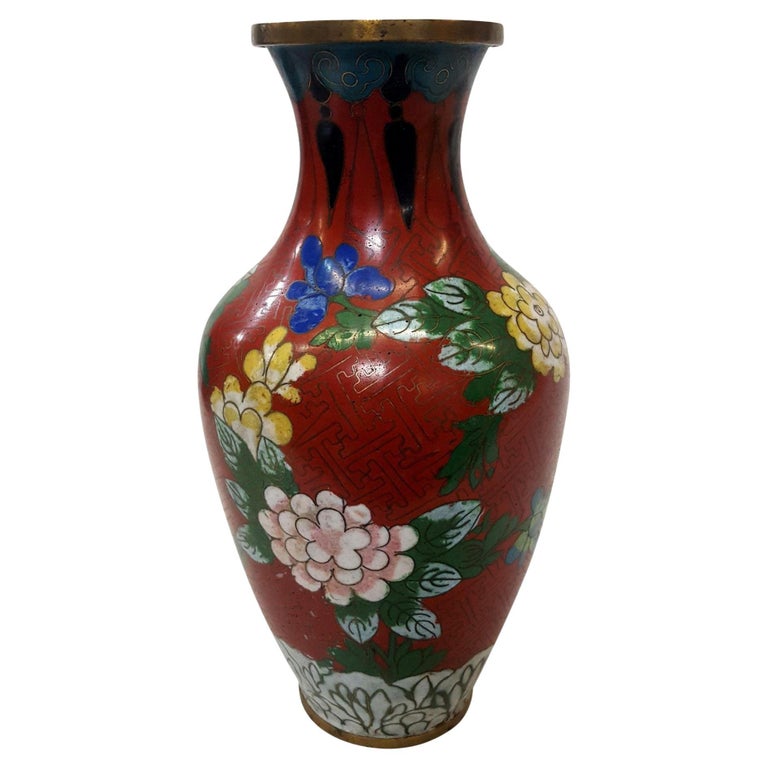 Vintage Chinese Floral Cloisonné Vase Enamel-Over-Brass