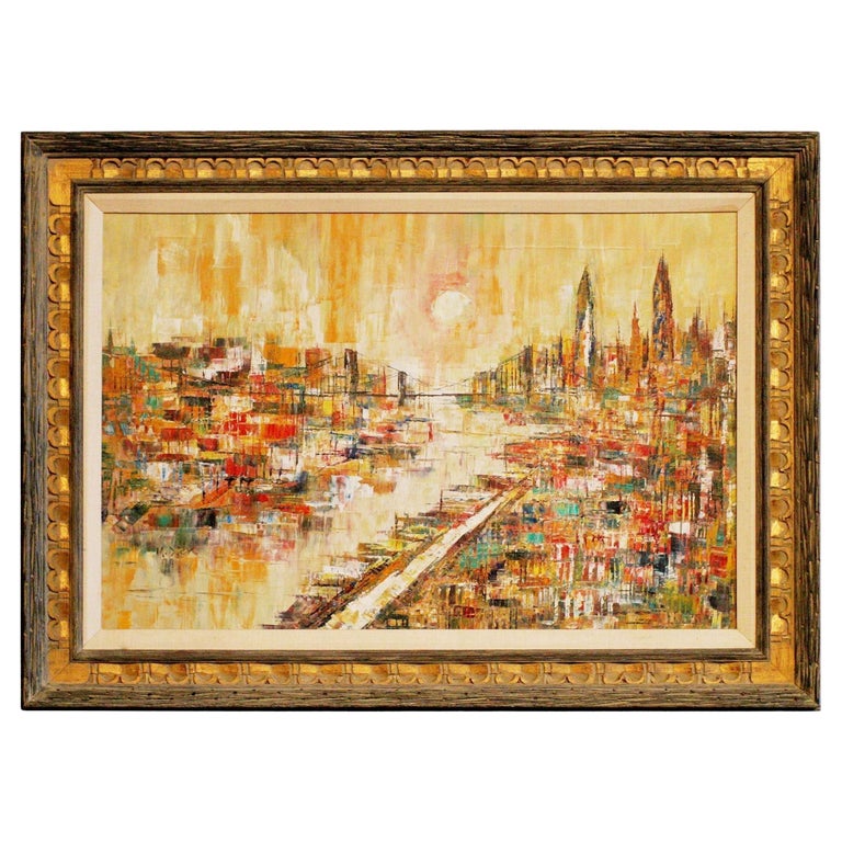 Mid-Century Modern Oil on Canvas Cityscape by M. Dick