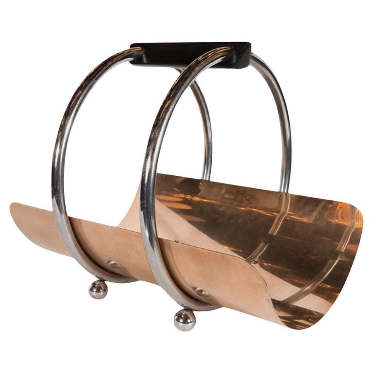 Art Deco Fireplace Log Holder Chrome and Copper by Leslie Beaton for Revere