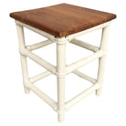 Restored White Rattan Cocktail Side Table W/ Mahogany Top