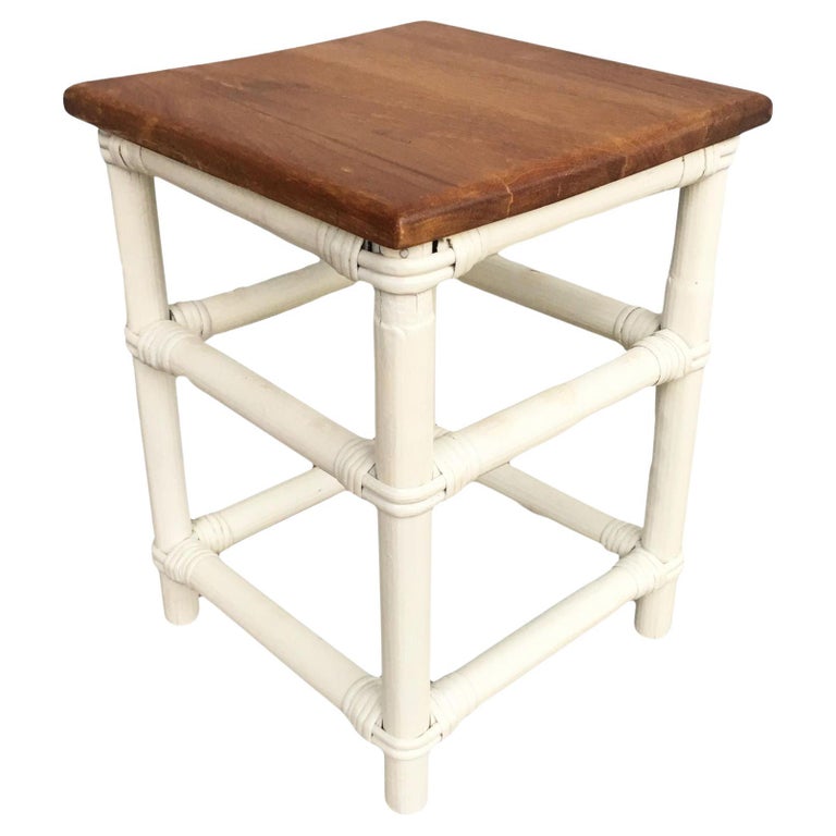 Restored White Rattan Cocktail Side Table W/ Mahogany Top