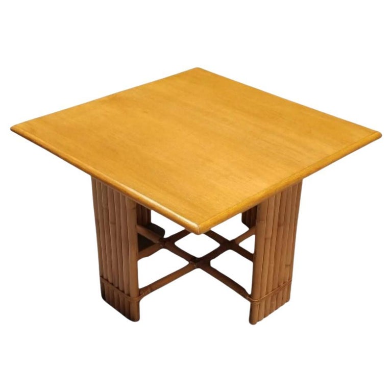 Restored 7 Strand Rattan Crossed Legs Square Coffee Table w/ Mahogany Top