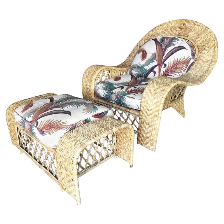 Restored Woven Wicker "Peacock" Throne Lounge Chair w/ Matching Ottoman
