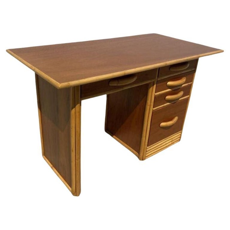 Restored Post-War Hawaiian Koa Wood Desk W/ Rattan Border