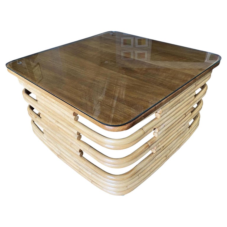 Restored Stacked Slat Rattan Coffee Table W/ Mahogany & Glass Top