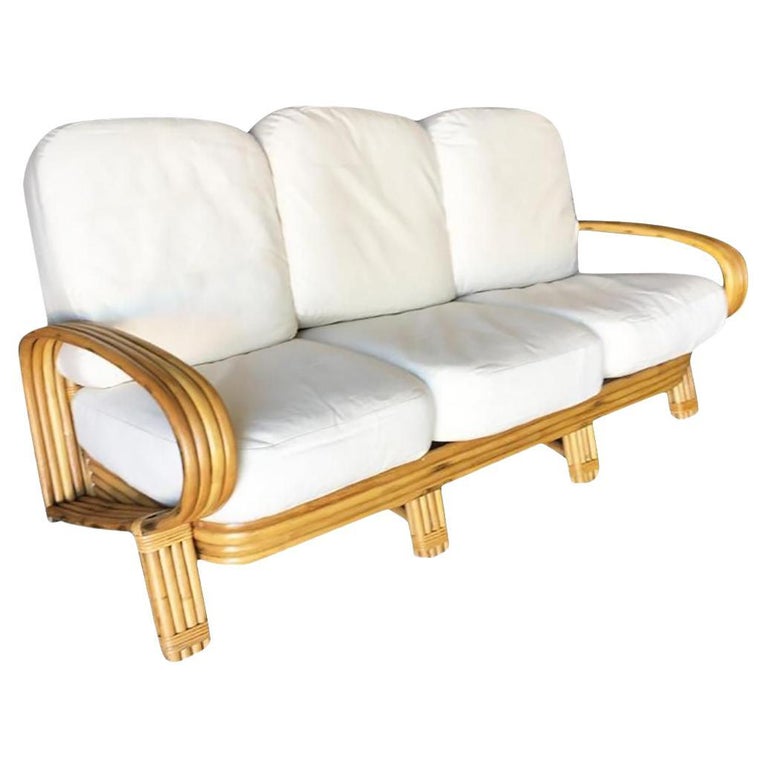 Restored Quad Pole "R" Arm 3 Seat Rattan Sofa
