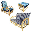 Restored 3-Strand "Circles and Speed" Rattan Settee, Lounge Chair & Ottoman