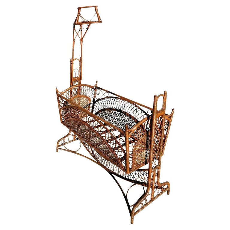 Restored Late Victorian Wicker & Bamboo Swinging Cradle