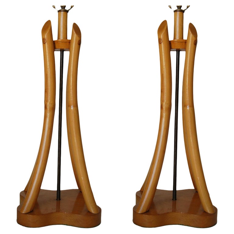 Restored Hourglass Rattan & Mahogany Lamp, Pair