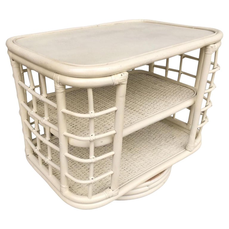 Restored White Cage Rattan Side Table Swivel Bookshelf