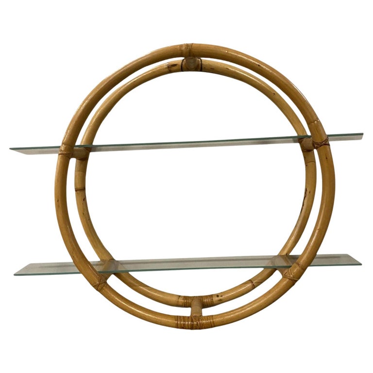 Restored Circular Rattan Wall "Skeleton" Shelf W/ Glass Tiers