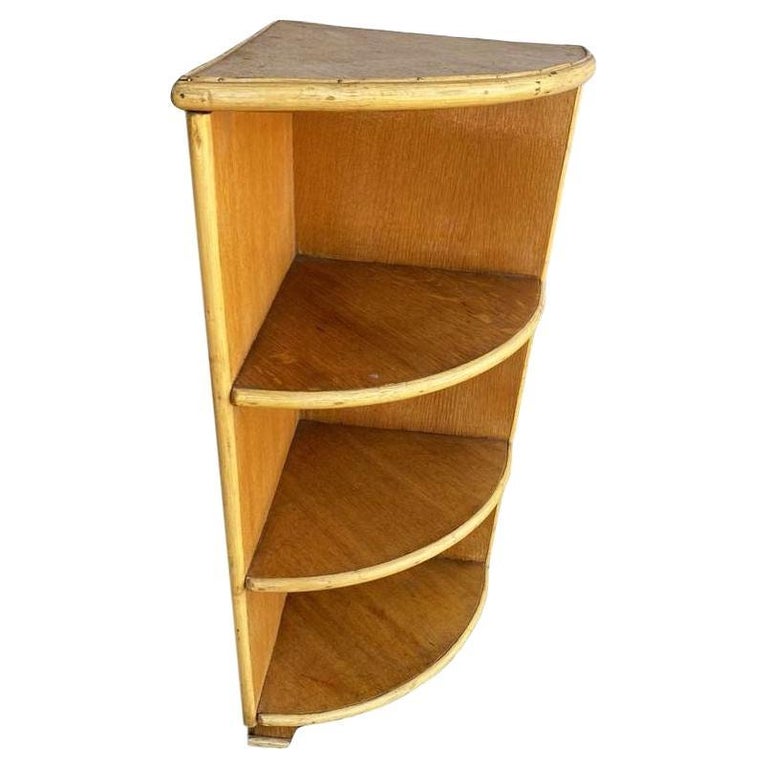 Restored Tropical Koa Wood Corner Shelf W/ Rattan Boarder