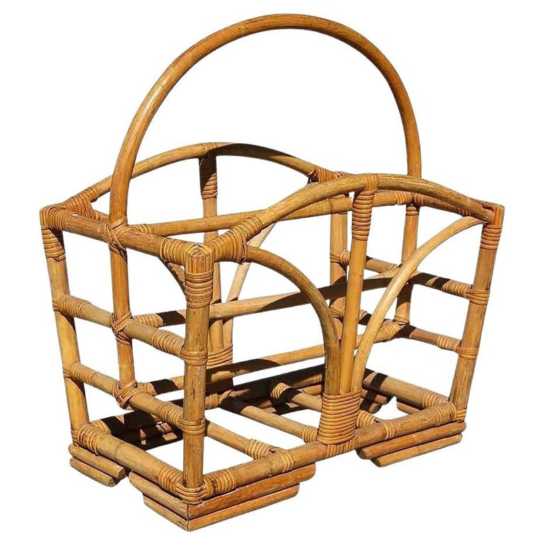 Restored Rattan Magazine Rack W/ Stacked Base