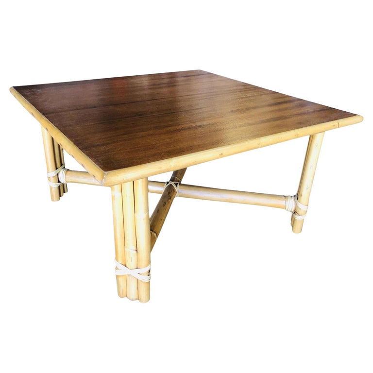 Restored Large "x" Base Rattan Coffee Table W/ Mahogany Top