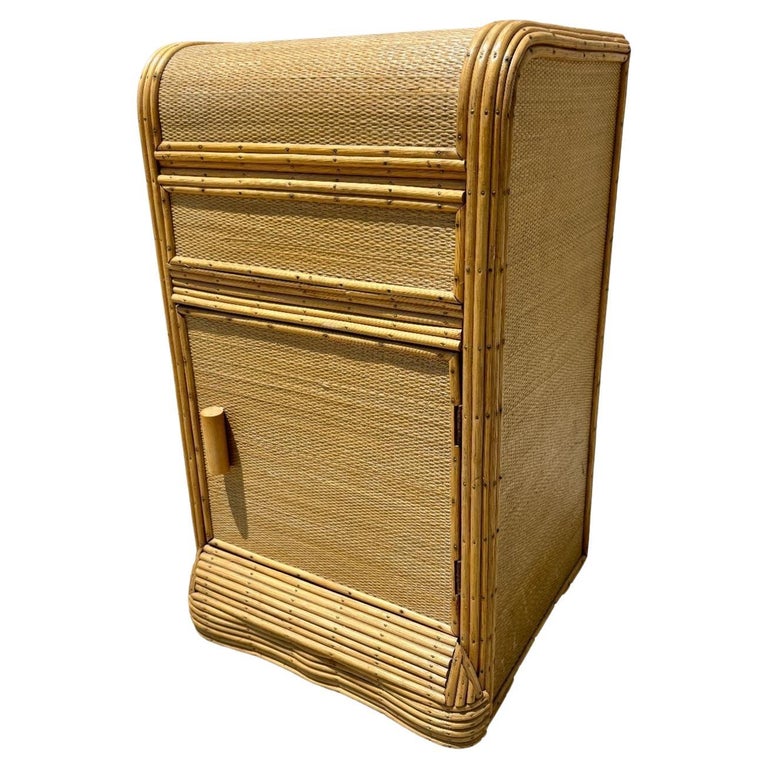 Restored Streamline Grass Mat Covered Reed Rattan Bedside Table