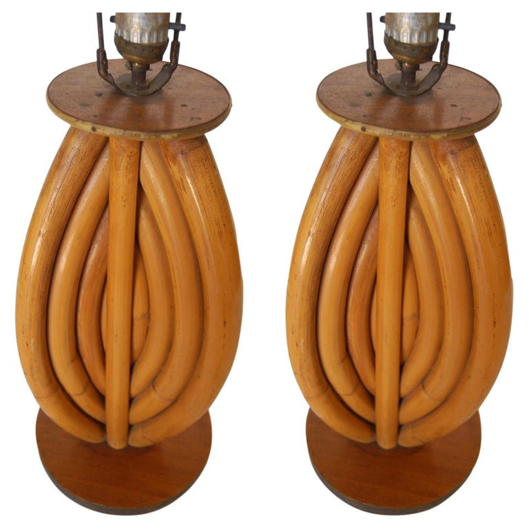 Restored Rattan Table Lamps W/ Tri-Shape Loop Pattern & Mahogany Base, Pair