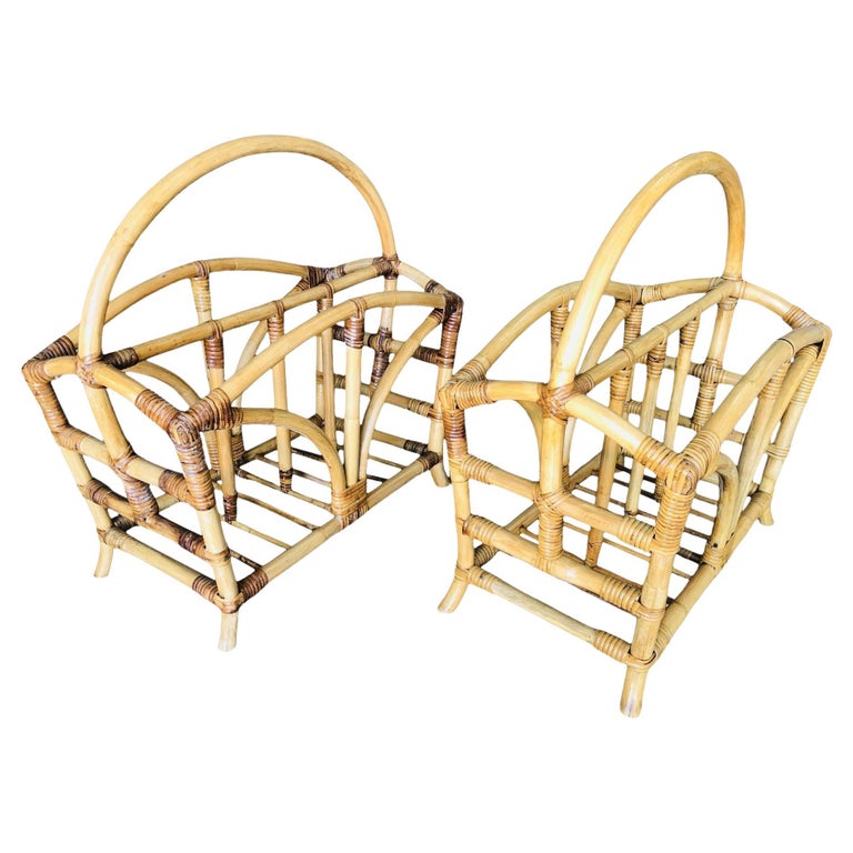 Restored Palm Rattan Magazine Rack W/ Handle, Pair