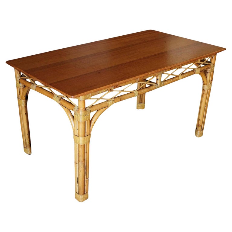 Restored 6 Person Rattan & Mahogany Dining Table