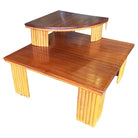 Restored Two-Tier Stacked Rattan Leg Corner Table W/ Mahogany Top