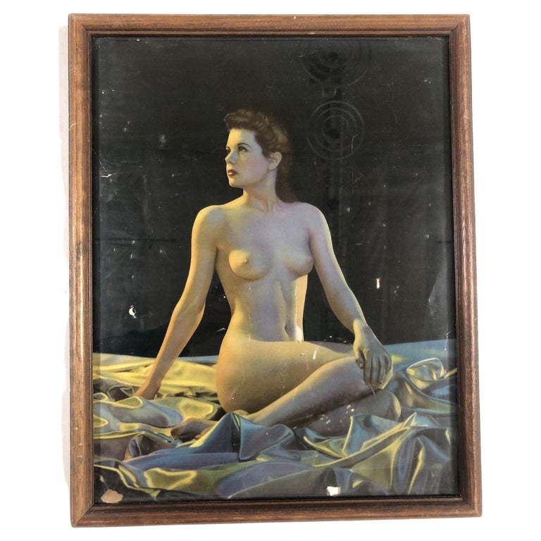 1942 WWII Pin-up Nude Female Lithograph by Signed C Moss in Wood Frame