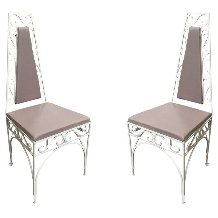Mid-Century Modernist High Back Chair with Scrolling Pattern, Set of Two