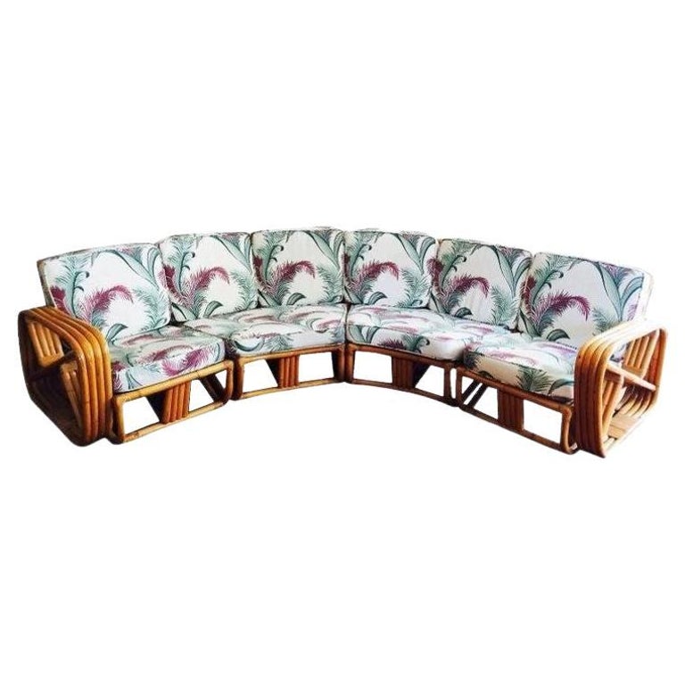 Restored 4-Strand Square Pretzel Rattan Corner Sectional Sofa for Six by Ritts