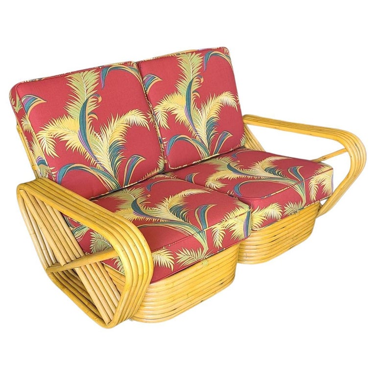 Restored 5-Strand Square Pretzel Rattan Settee w/ Barkcloth Cushions