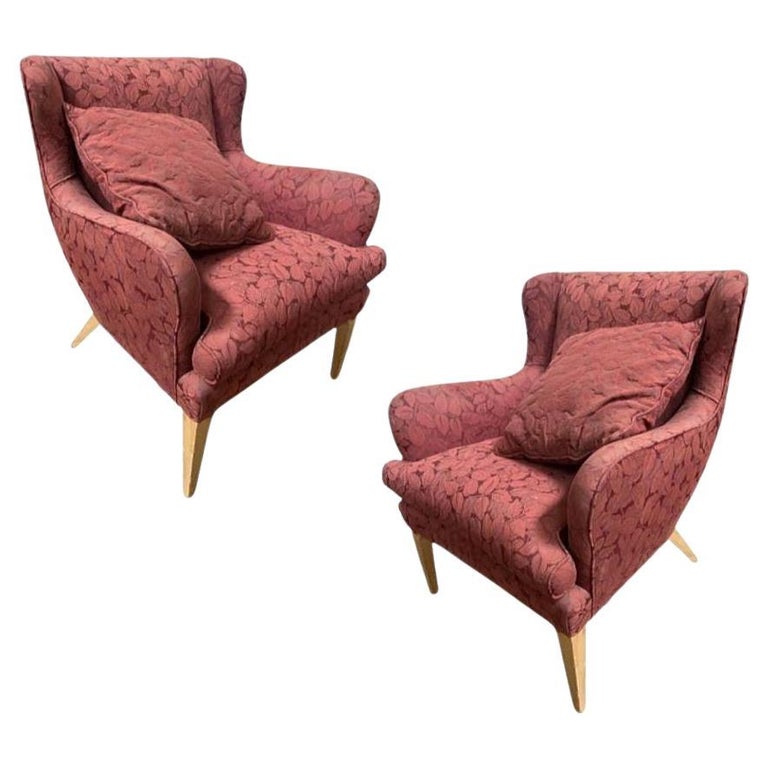 Mid Century Modern Wingback Lounge Chair Burgundy Leaf Print Pair