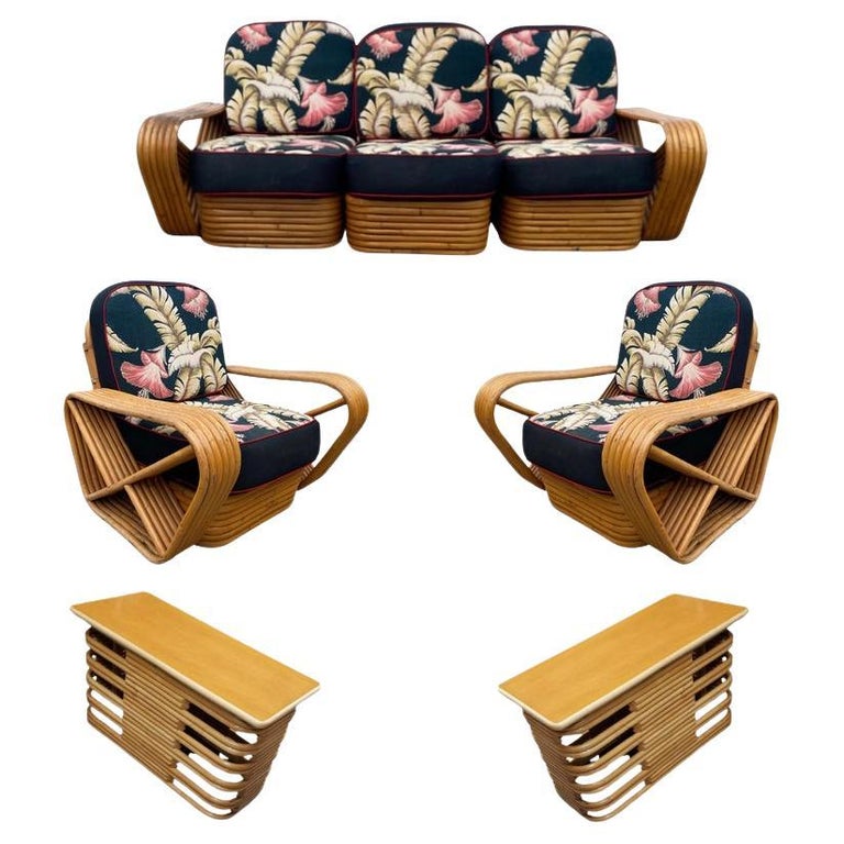 Restored MCM Frankl Style Six-strand Rattan Sofa, Table, Chair Livingroom Set