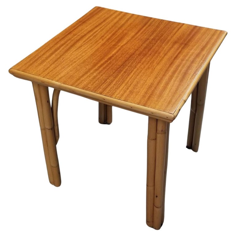Restored Rattan Three-Strand Arched Legs Side and Drink Table with a Solid Mahog