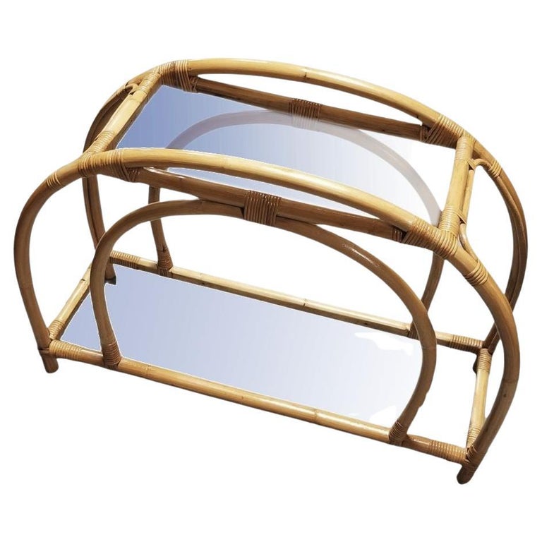 Restored Rattan Double Arched Two-Tiered Single Strand Side Table